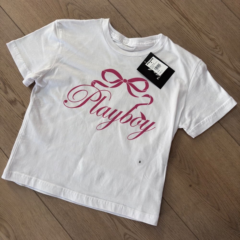 PLAYBOY Kids Tee in White with Pink Logo